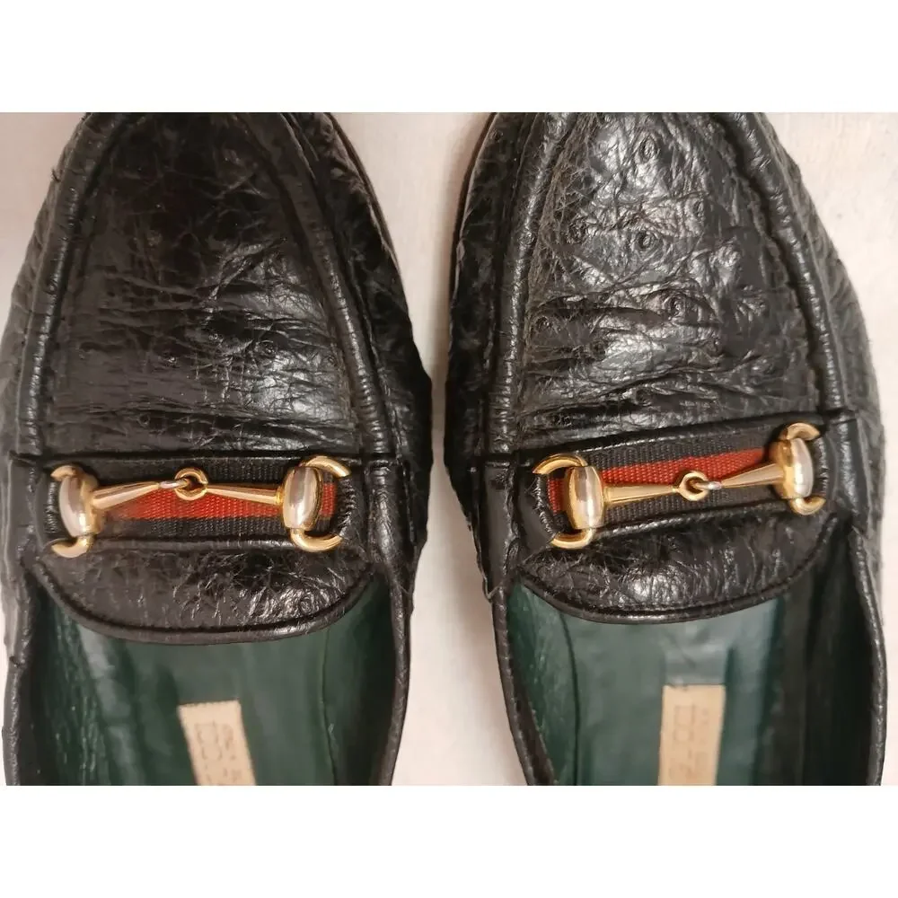 Gucci Horse Bit Loafers Flat‎ Shoes 36 Black Leather Equestrian Red Green Ribbon